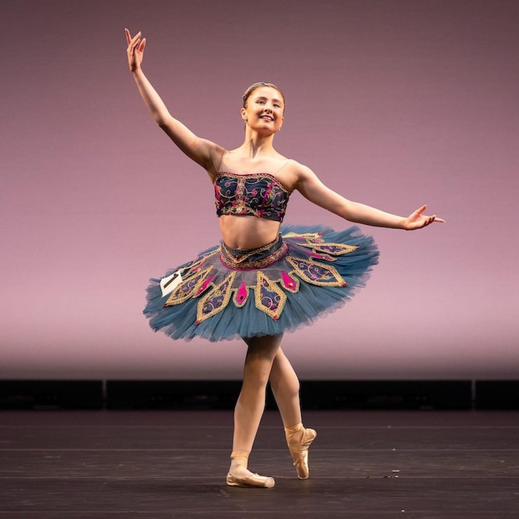 Antonia Cramb performs in the final of the Margot Fonteyn International Ballet competition. Photo by Martin Bell, courtesy of Royal Academy of Dance.