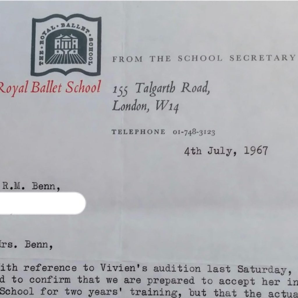 Vivien Scully’s Royal Ballet School acceptance letter from 1967. Photo courtesy of Scully.