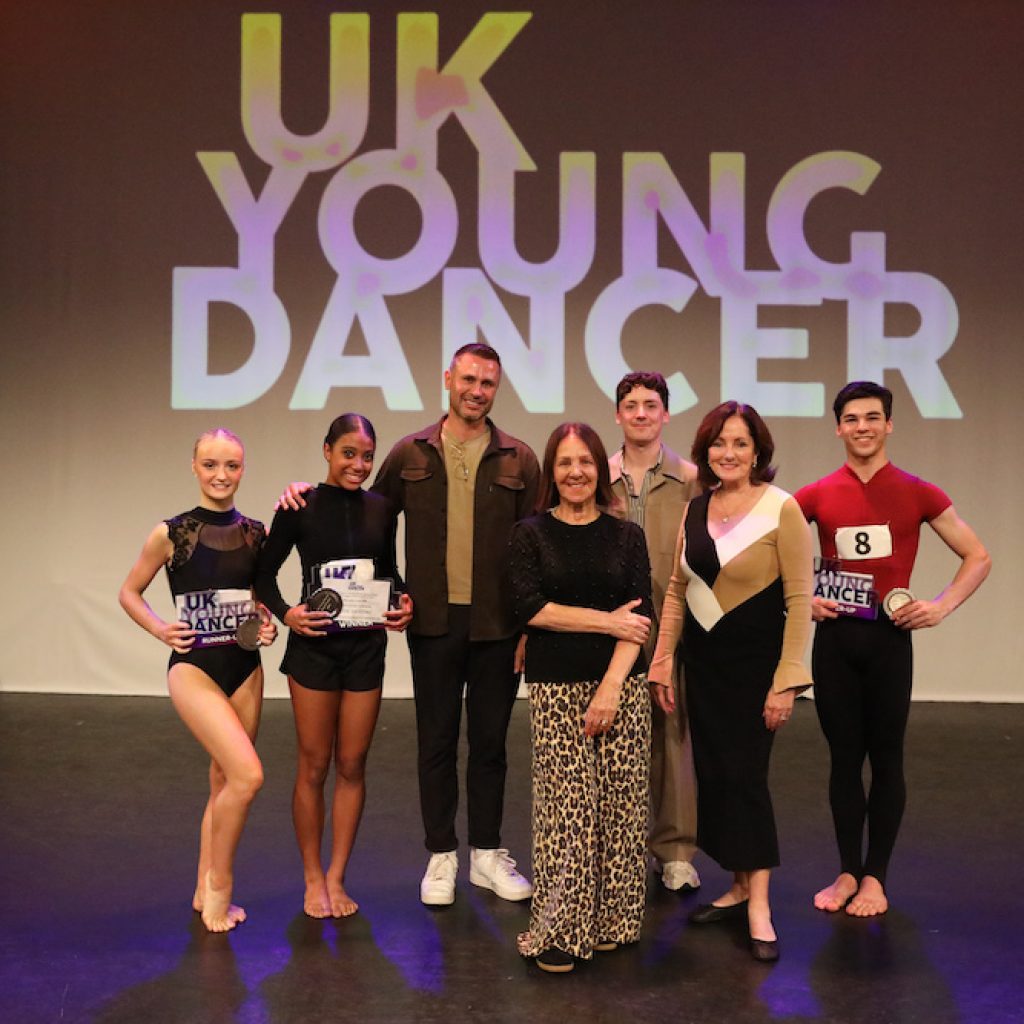 Matt Cole, Drew McOnie, Dame Arlene Phillips, Jacquie Brunjes, Winner of UKYD Theatre 14-16 Kristen-Leigh Petit, Runners up Rafferty Ebury and Megan Hannay. Photo by James Hudson Pictures.