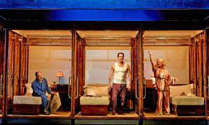 Michael Maloney (Poirot), Simon Cotton (Samuel Ratchett) and Christine Kavanagh (Helen Hubbard) in 'Murder on the Orient Express'.