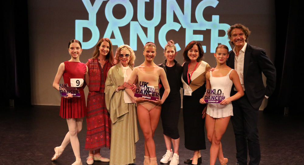 UKYD Classical Runner Up Sienna Murphy, Lauren Cuthbertson, Marchioness of Londonderry Doreen Wells, UKYD Classical Winner Poppy Griggs, Leanne Benjamin, Jacquie Brunjes, UKYD Classical Runner Up Ella Mitchell and Gary Avis. Photo by James Hudson Pictures.