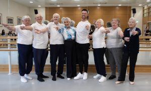 Angela Rippon, Kai Widdrington and the Chelsea Pensioners at The Royal Ballet School for Let's Dance ©2025 The Royal Ballet School. Photo by Rachel Cherry, courtesy of Let's Dance.