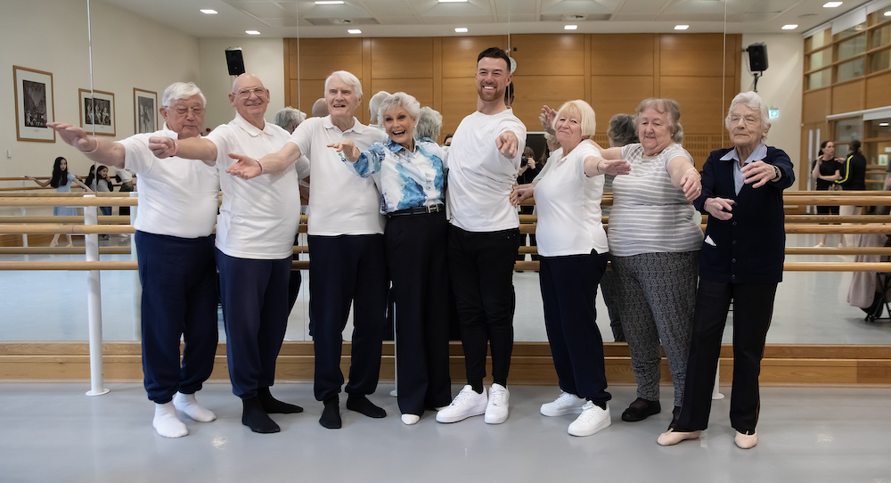 Angela Rippon, Kai Widdrington and the Chelsea Pensioners at The Royal Ballet School for Let's Dance ©2025 The Royal Ballet School. Photo by Rachel Cherry, courtesy of Let's Dance.