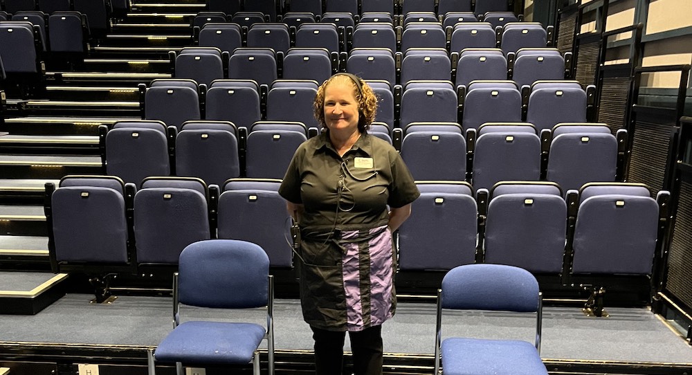 Linda Hunt, usher at The Hawth Theatre, West Sussex. Photo courtesy of Hunt.