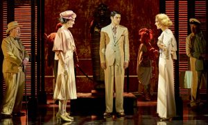 Mark Hadfield (Hercule Poirot), Esme Hough (Jacqueline de Bellefort), Nye Occomore (Simon Doyle) and Libby Alexandra-Cooper (Linnet Ridgeway) in 'Death on the Nile.' Photo by Manuel Harlan.