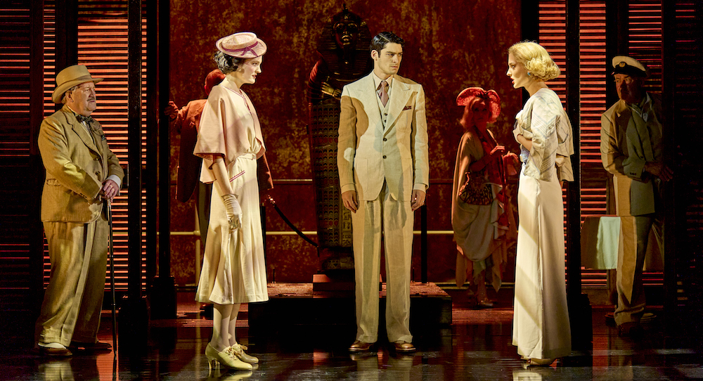 Mark Hadfield (Hercule Poirot), Esme Hough (Jacqueline de Bellefort), Nye Occomore (Simon Doyle) and Libby Alexandra-Cooper (Linnet Ridgeway) in 'Death on the Nile.' Photo by Manuel Harlan.