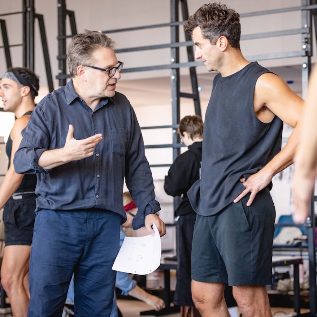 Patrick Marber (Directer) and Marc Antolin (Leo Bloom) in rehearsal for 'The Producers.' Photo by Mark Senior.