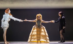 Scottish Ballet's Harvey Littlefield as Younger Elizabeth, Charlotte Öfverholm as Older Elizabeth and Roseanna Leney as Mary in Scottish Ballet’s 'Mary, Queen of Scots.' Photo by Andy Ross.
