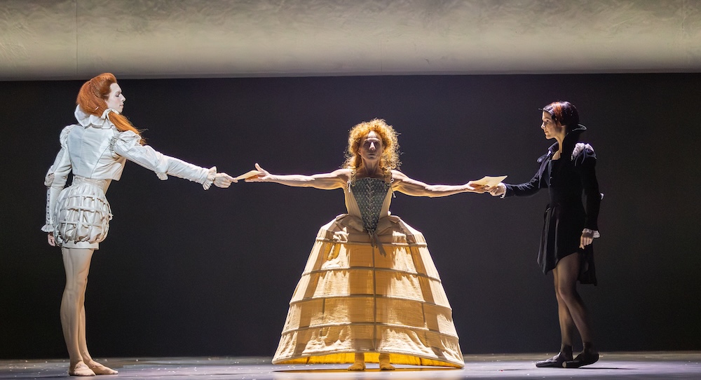 Scottish Ballet's Harvey Littlefield as Younger Elizabeth, Charlotte Öfverholm as Older Elizabeth and Roseanna Leney as Mary in Scottish Ballet’s 'Mary, Queen of Scots.' Photo by Andy Ross.