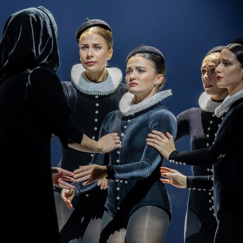 Scottish Ballet's Roseanna Leney as Mary with Hannah Cubitt, Alice Kawalek, Melissa Polson and Danila Marzilli in Scottish Ballet's 'Mary, Queen of Scots.' Photo by Andy Ross.