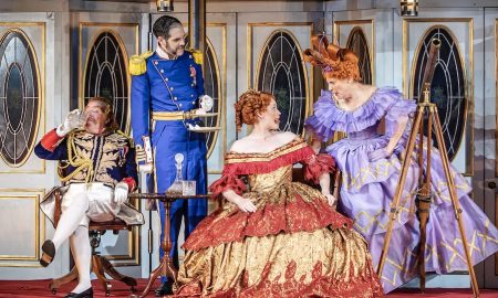 Neal Davies, John Savournin, Bethan Langford and Mel Giedroyc in English National Opera’s 'HMS Pinafore.' Photo by Craig Fuller.